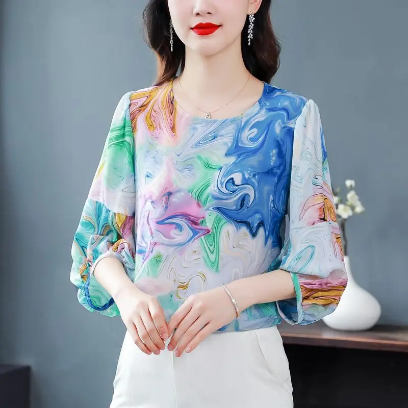 2023 New Summer Fashion Tie Dye Multicolor O-neck 3/4 Sleeve Blouse Ladies Simplicity Loose Printing Pullover Women\'s Shirt Tops