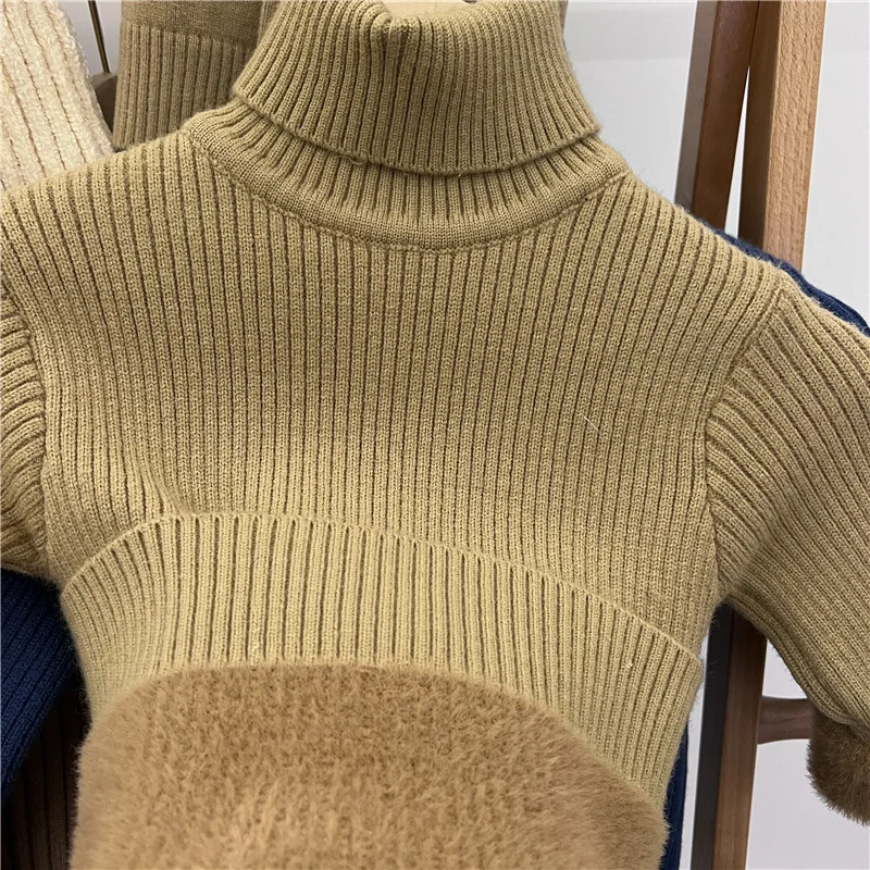 Baby Plus Samtpullover für Jungen und Mädchen, warmes, kaltes Fleece-Bottom-Shirt, mittleres Kind, einfarbig, hoher Kragen, Pullover, 2–10 Jahre – Detail 3