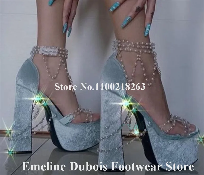 Velvet Pearls Chains Chunky Heel Sandals Emeline Dubois Charming White Blue Pink Silver High Platform Diamonds Decorated Heels