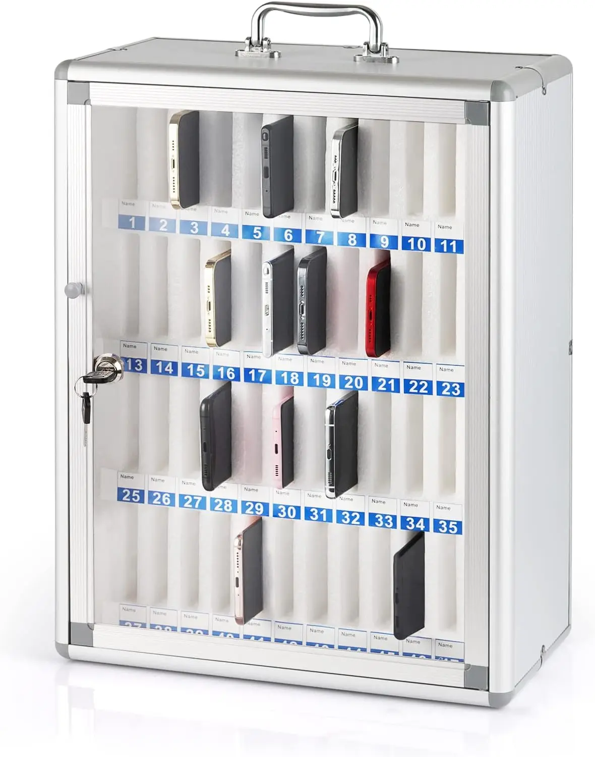 

48 Slots Aluminum Alloy Pocket Chart Storage Cabinet for Cell Phones,Wall-Mounted with a Locked,Can be Carried by Hand