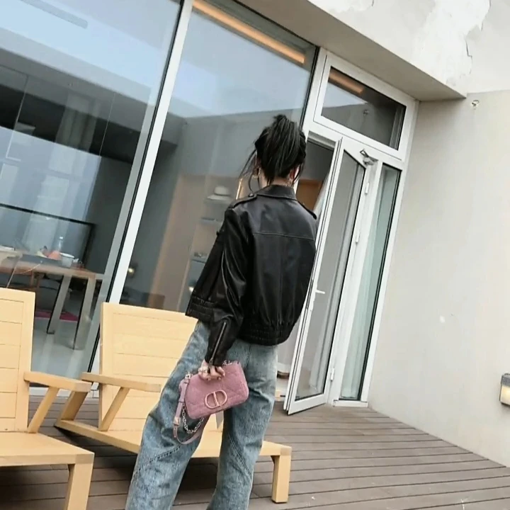 Daitong Skórzana Kurtka Damska z Naturalnej Skóry, Kurtka Motocyklowa z Kwadratowym Kołnierzem, Nowa Skórzana Kurtka z Cielęcej Skóry Sle eepskin na Rok 2023