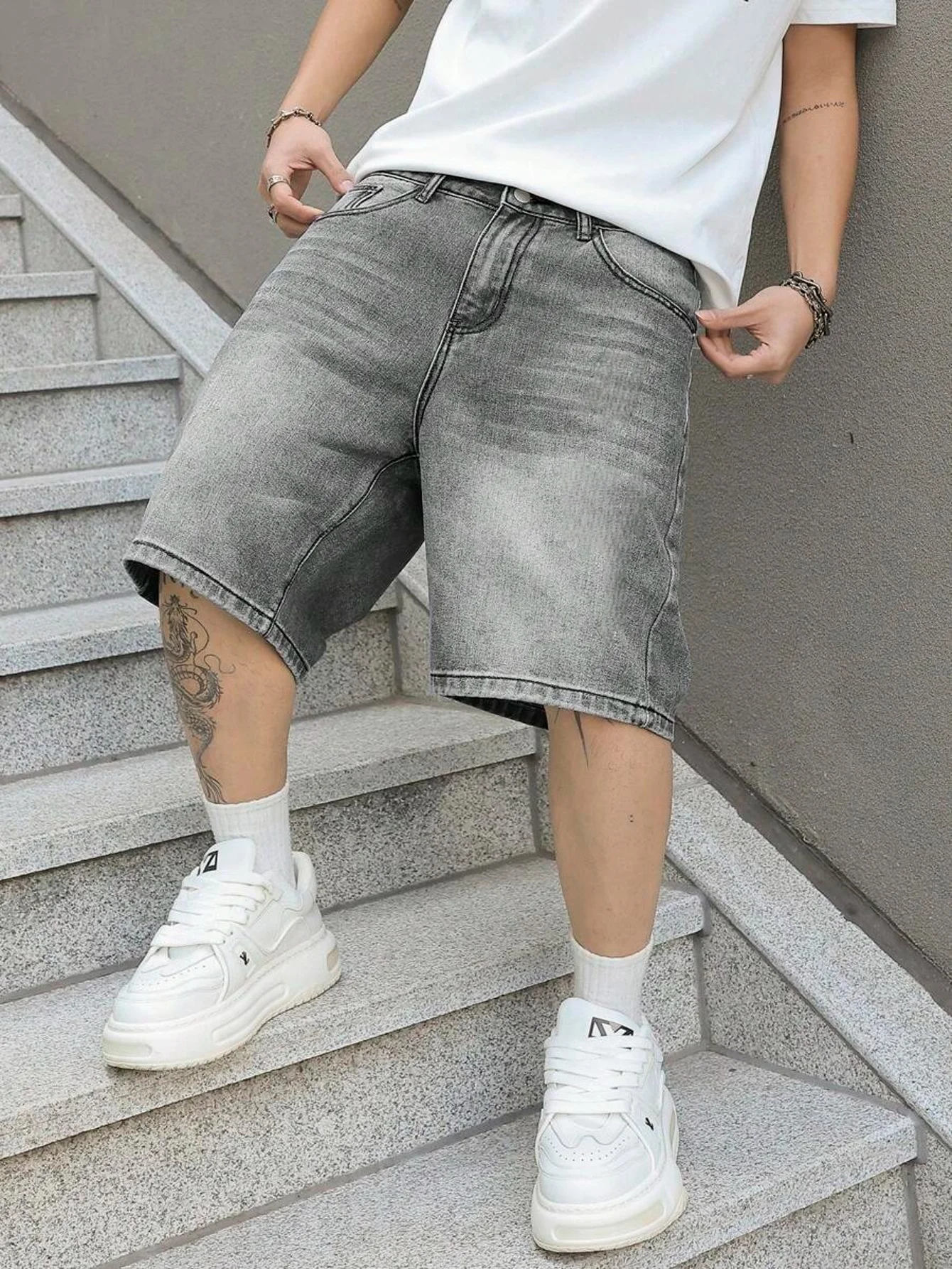 Mens loose fit casual denim jorts lightweight solid color design non stretch comfortable daily wear gray black light color short