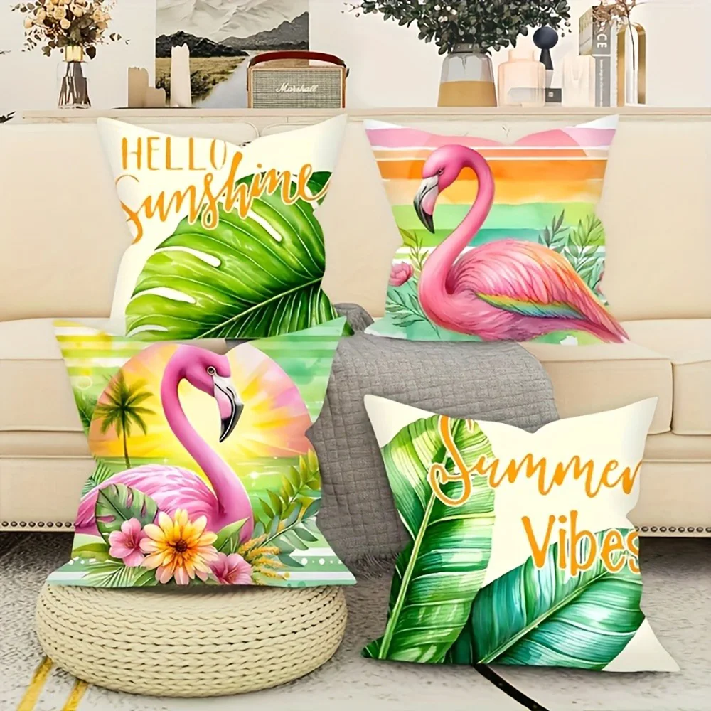 أغطية وسائد بطبعة أوراق الفلامنغو الاستوائية الصيفية: Hello Sunshine، غطاء وسادة أريكة المشاعر الصيفية لتزيين غرفة المنزل