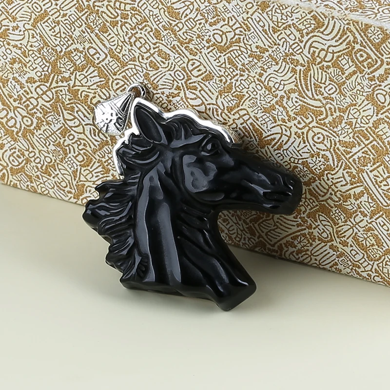 925 Silver Jewelry Natural Stone Obsidian Carved Horse Head Necklace Accessories Pendant Bead 47x40x9mm 24g