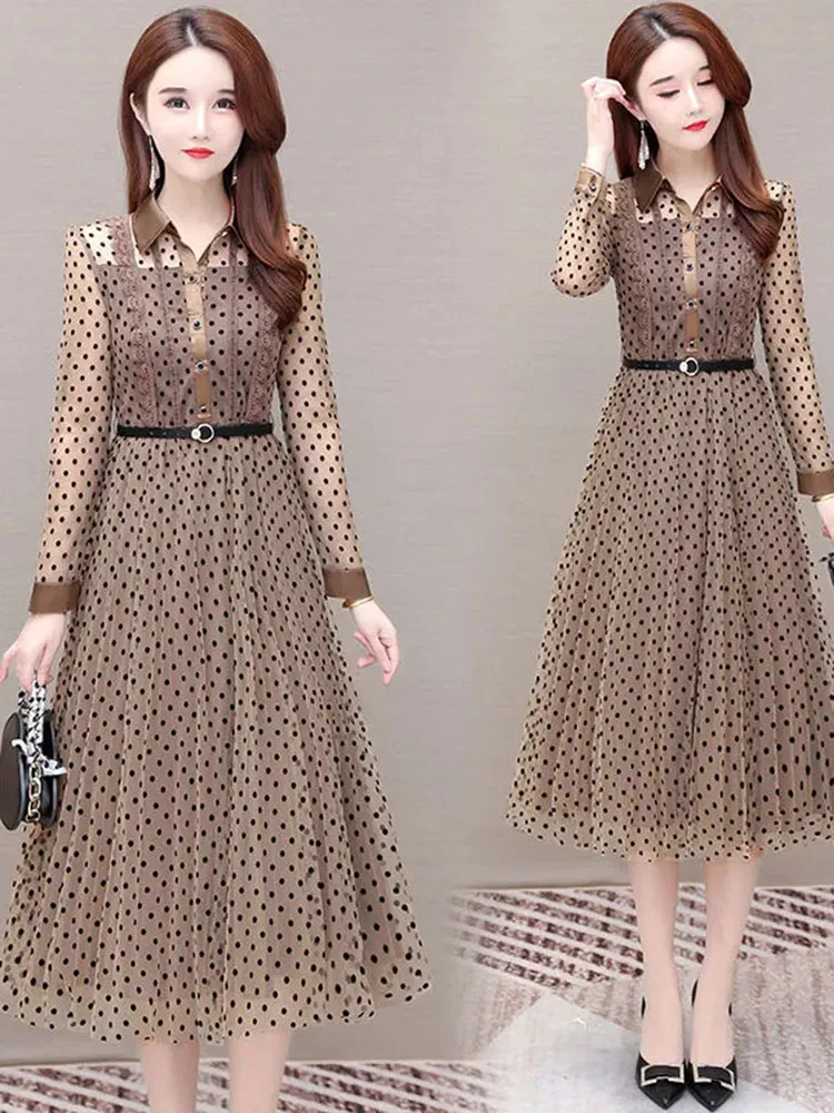 Fake Two-piece Gauze Dress Women Spring and Autumn 2024 New Fashion Mother Installed Waist-shrinking and Slim Polka-dot Skirt