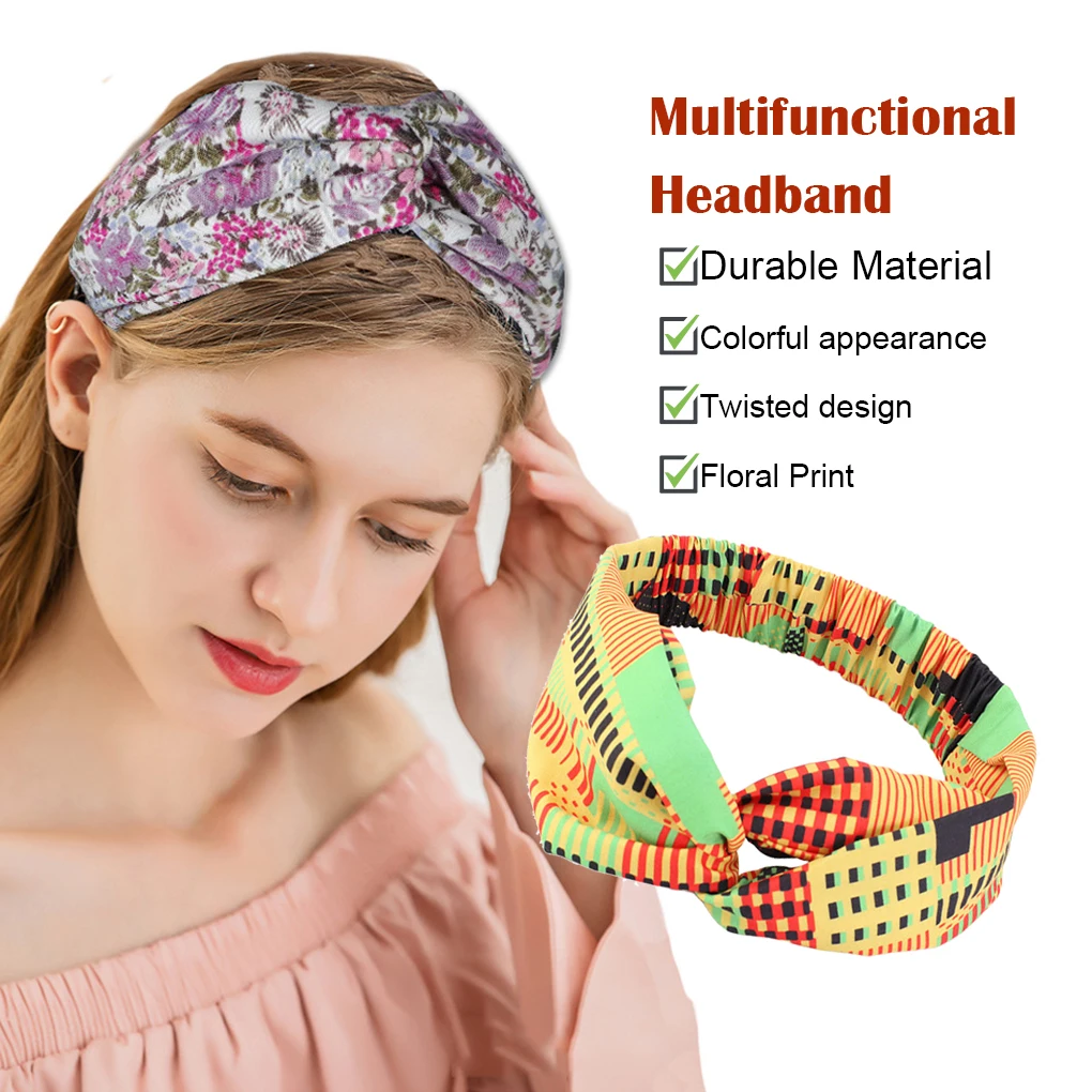 Crochet Headband Floral Print Colorful Sports Turban Crocheted Headwear Elastic Wrap for Yoga Face Wash Gym Running