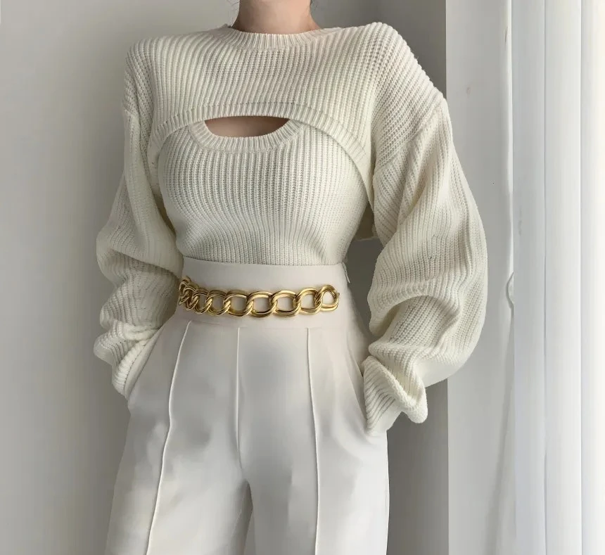 

Two Pieces Sale Women's Sweater Sets Casual O-neck Long Sleeve Cropped Knitted Pullovers