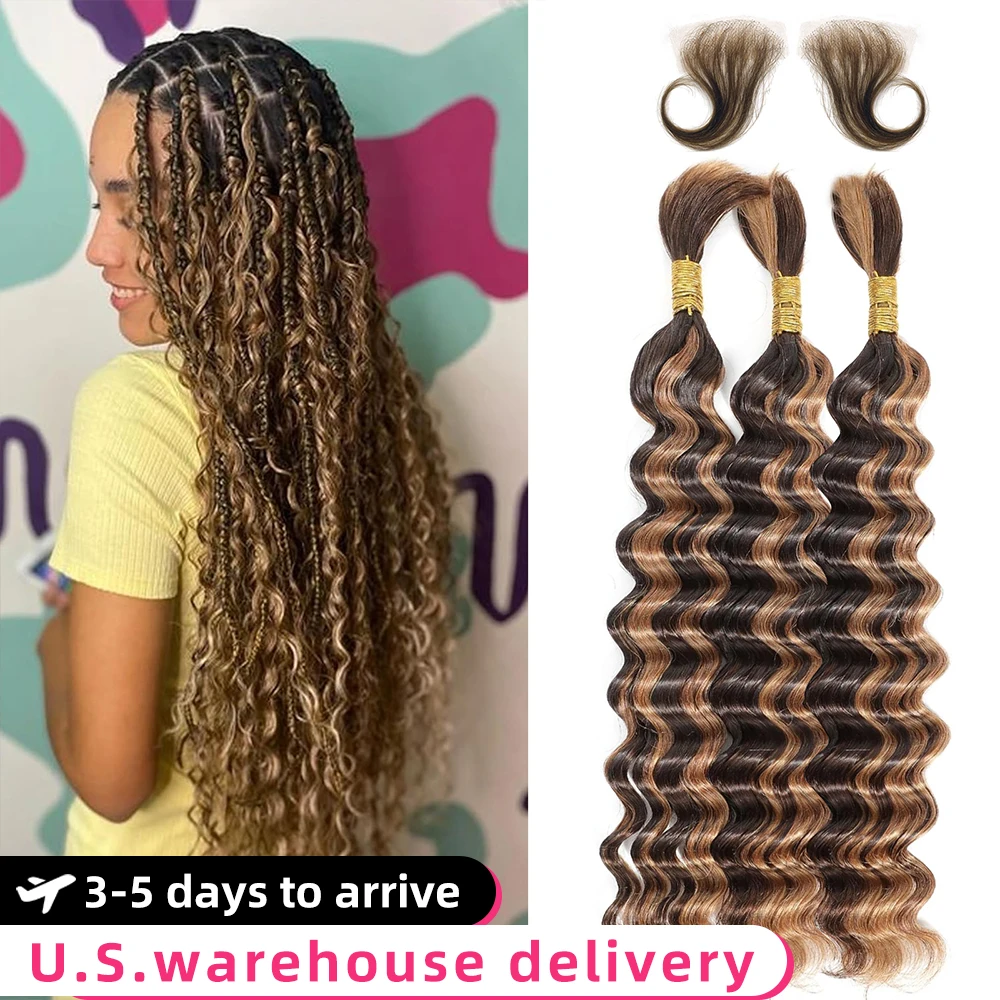 Human Braiding Hair 3 Bundle 20 Inch Human Hair Bundles For Braiding Highlight 4/27 Color Deep Wave Bulk Human Hair Bundles