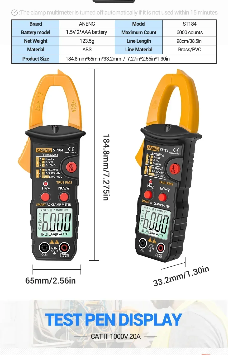 ANENG ST184 True RMS Zangenamperemeter Digitales Multimeter AC DC Spannung Strom Widerstand NCV Induktionsdetektor für Elektriker – Detail 7