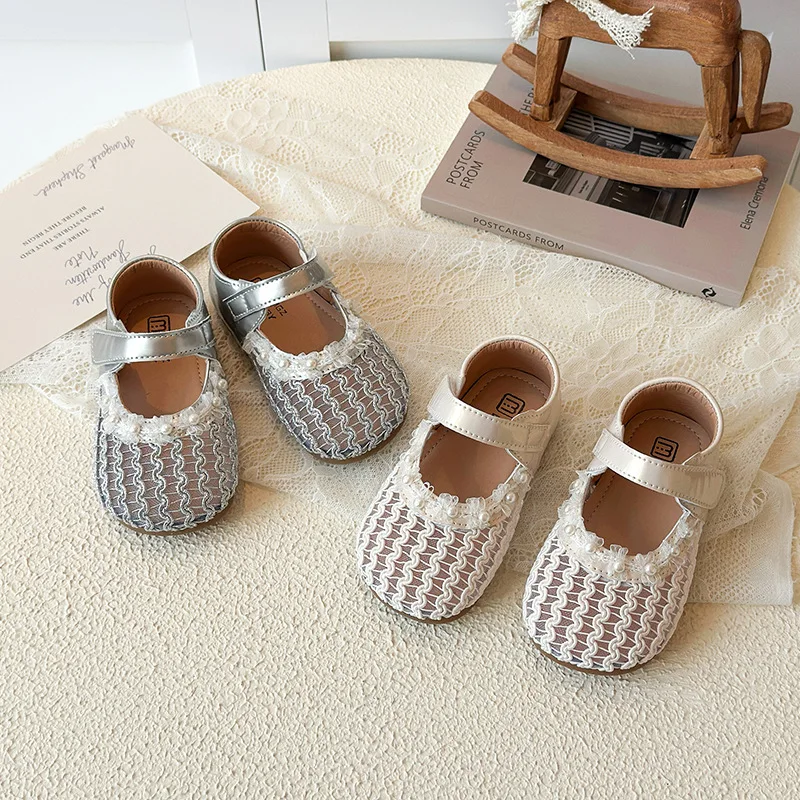 

Spring Girl's Princess Shoes Pearl Mesh Hook-loop Cute Kid's Flat Shoe Solid Colors Anti-slip Fashion Lovely Childre Shoe 4-6Y