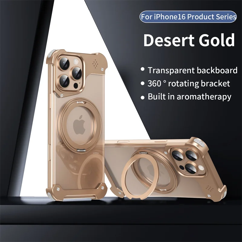 Luxurious Metal Holder Phone Case for iphone 16 15 14 13Pro Max 16Plus 360°Aluminum Frameless Aromatherapy Bumper Magnetic Cover