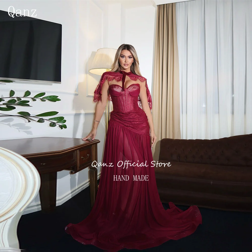 

Qanz бордовые шифоновые вечерние платья с жакетом, кружевные длинные платья трапециевидной формы, Vestidos De Fiesta, милое прозрачное платье для выпускного вечера по индивидуальному заказу