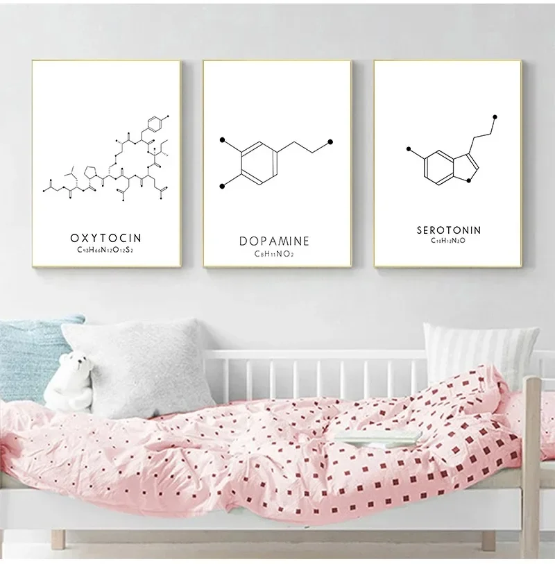 3 قطعة جزيء السيروتونين الجدار ملصق فني طباعة الأكسيتوسين الدوبامين قماش اللوحة الهيكل الجزيئي صورة الكيمياء ديكور المنزل
