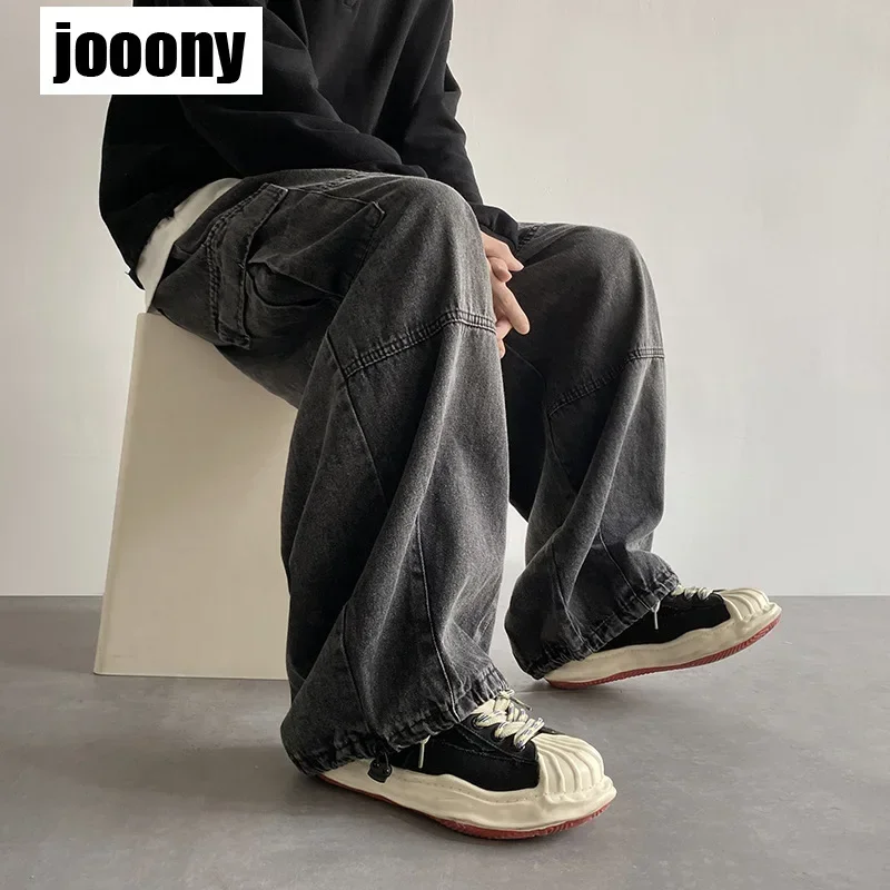 2023 Spring Fashion Wide Leg Baggy Jeans streetwear  For Men Hip Hop Elastic Waist Cargo Pants Solid Color Straight Loose Jeans