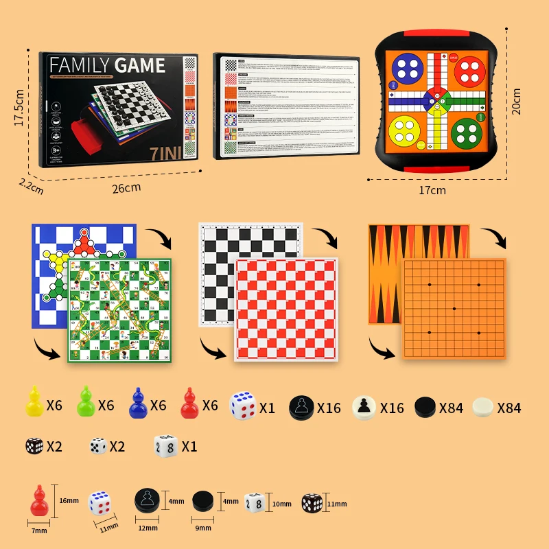 3-in-1/5-in-1/7-in-1 Board Game Sets, Snakes and Ladders, Checkers, Ludo, Etc., Family Desktop Educational Toys. view 3