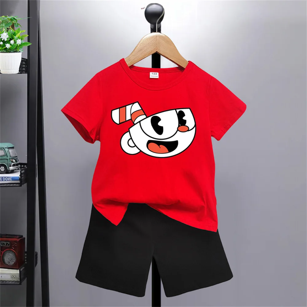 Children's short sleeve fashion T-shirt Printed Boy/Girl T-shirt Children's comic style cute top pants 2 piece set