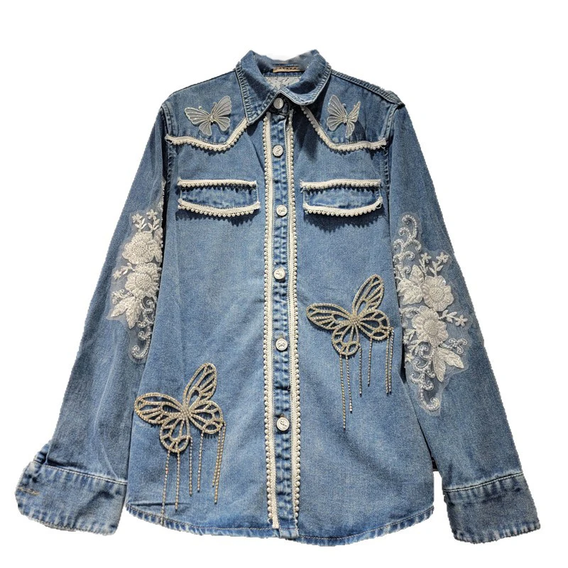 WTHT Fashion Women Heavy Industry Lace Spliced Butterfly Design Denim Shirt 2026 Spring Long Sleeves Lapel Blouse Female 1LS2975