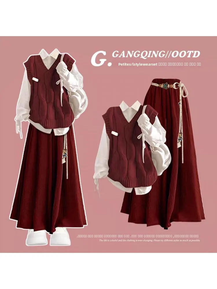 

Red Knitted Vest Set Women's Autumn Winter Ele Gentle College Sle High-End Feeling Two-Piece Faion Set Collar Lo...