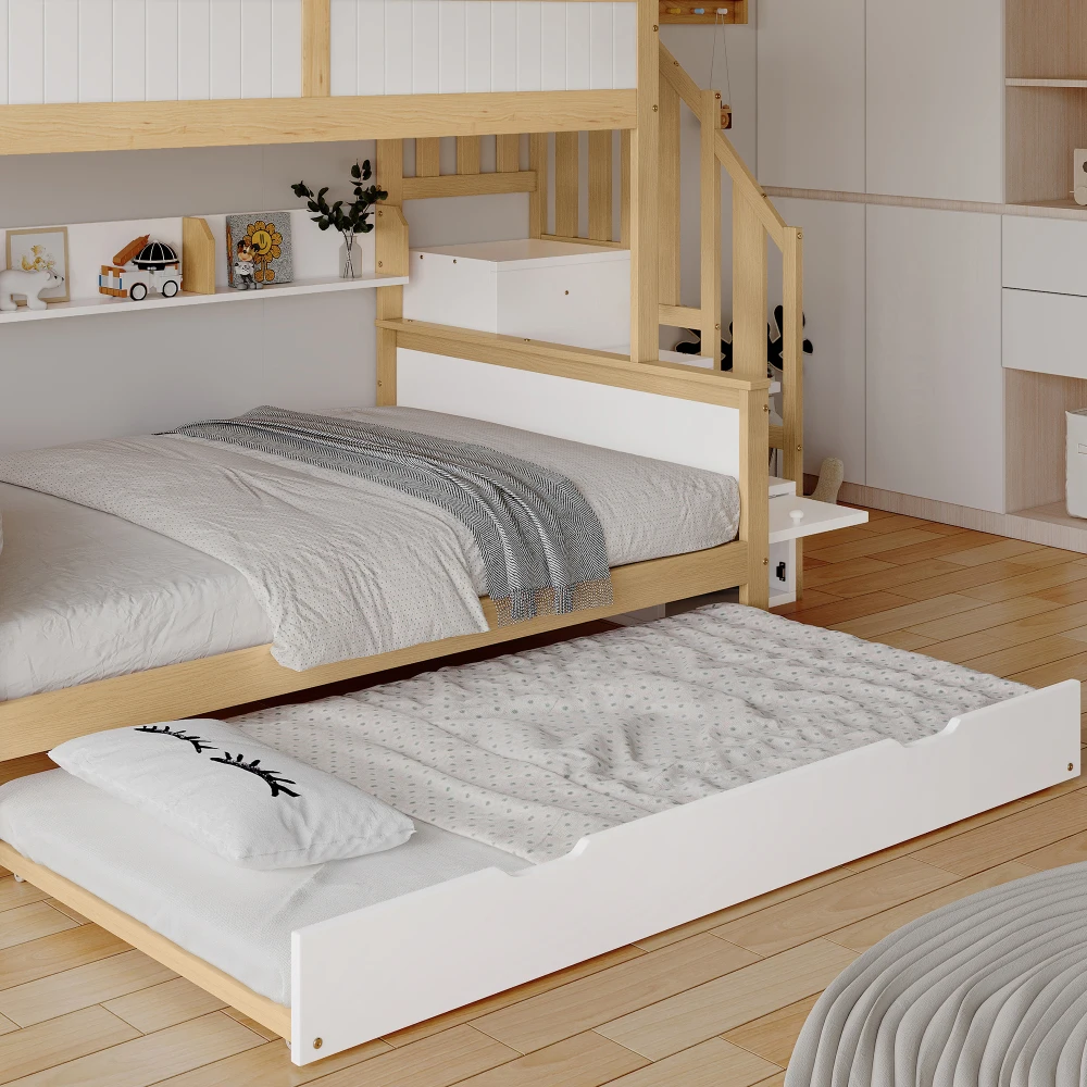 PINGGO Etagenbett 90x200/90x190/120x200cm mit Fallschutzgitter, 3-stöckiges Rollbett mit Kleiderschrank und Eck-Treppe, ohne Matratze – Detail 21