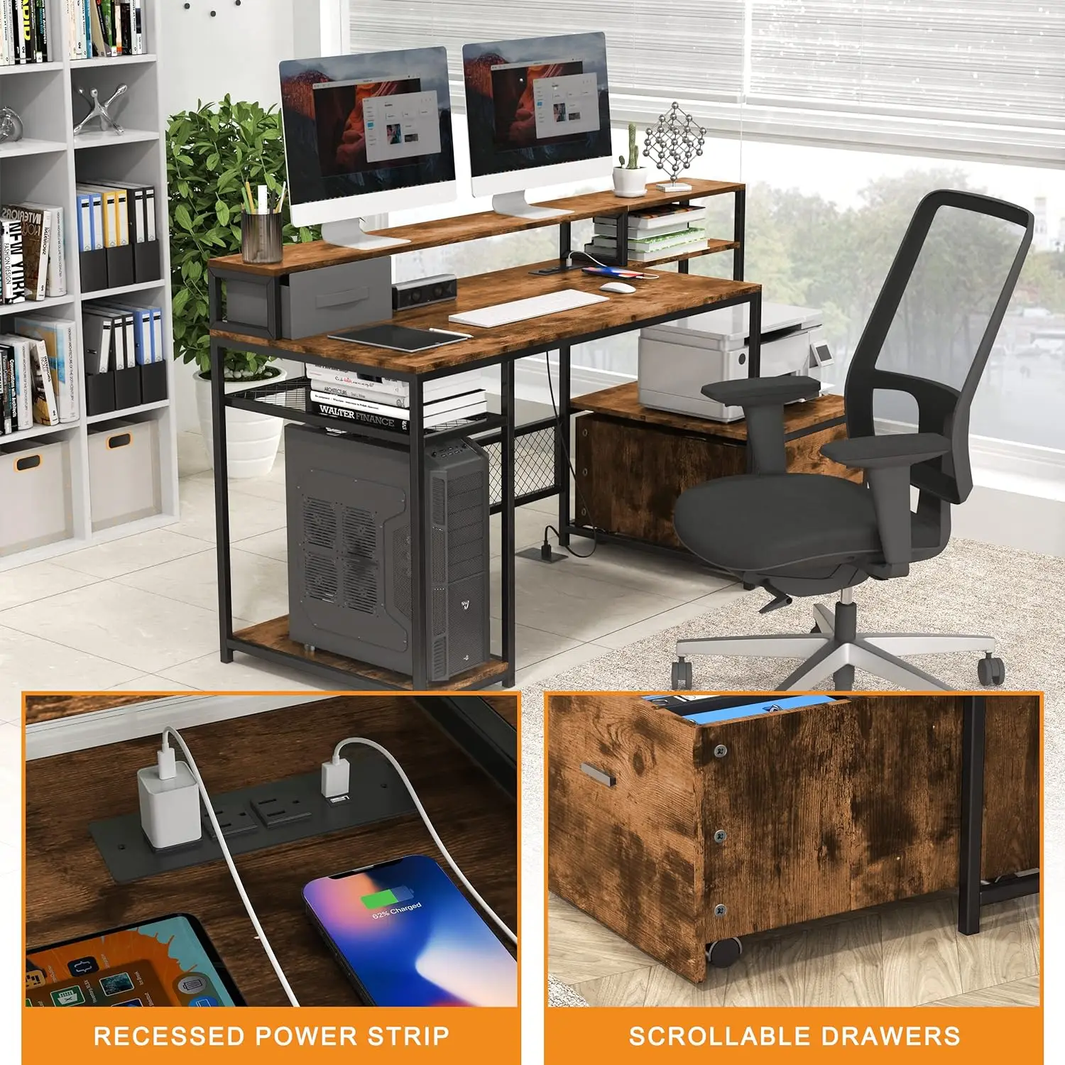 Home Office Desk With Monitor Stand Shelf, 66 Inch Large Computer Desk With Power Outlet And USB Charging Port, Table Wit