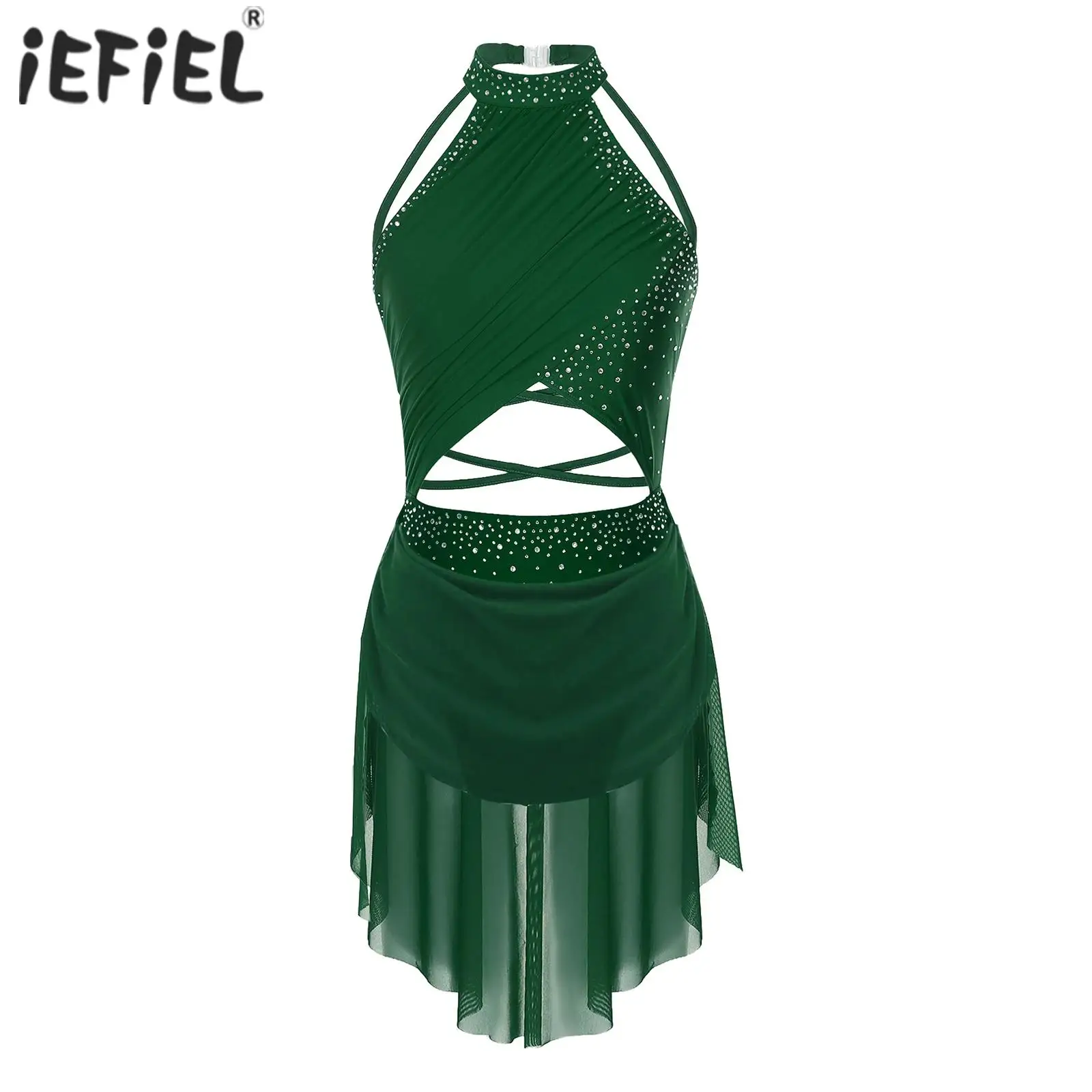 Costume de Performance de brevLyrique pour Femme, Robe Justaucorps Dos aux, Bretelles Découpées, Maille Transparente, Superposition de Strass Scintillants