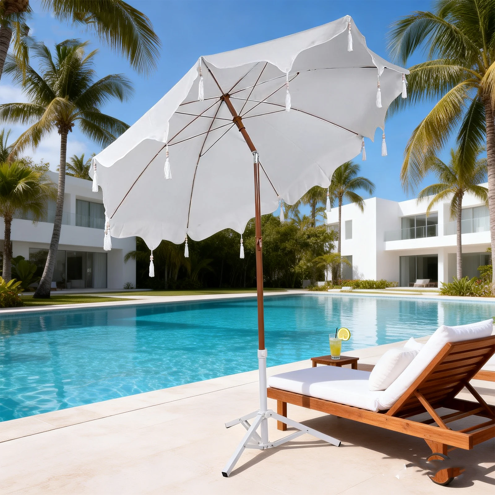 6.5ft Portable Tassel Umbrellas with Fringe & Push Button Tilt Patio Umbrella Picnic Umbrella for Outdoor Garden Lawn Pool Yard