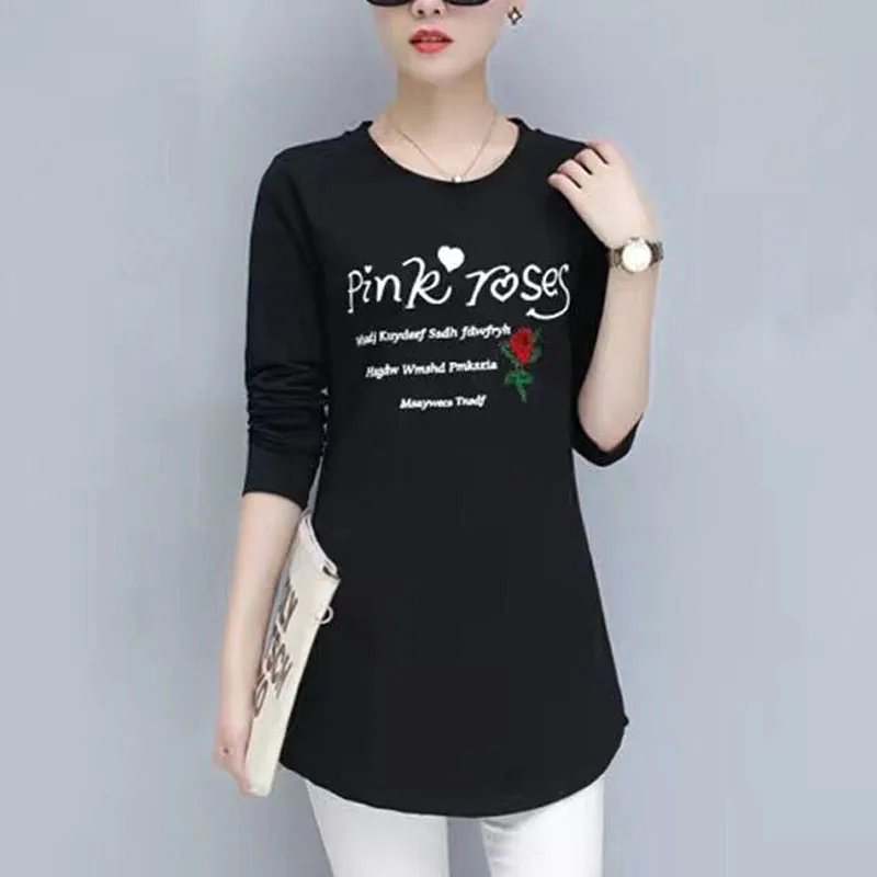 2023 New Spring and Autumn Fashion Mid Length Round Neck Solid Letter Printing Versatile Casual Simple Commuter Long Sleeve Top
