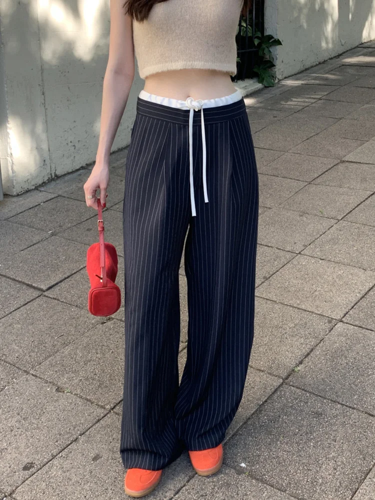 سراويل كلاسيكية مخططة مرقعة عالية الخصر برباط علوي موضة مستقيمة بنطلونات نسائية غير رسمية واسعة الساق فضفاضة Spodnie #5