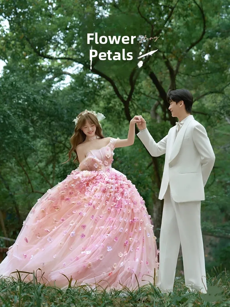 

Новое розовое свадебное платье на одно плечо с цветочным декором, фатиновое, для фотосессий в студии, тематическая одежда для женщин, лето 2025