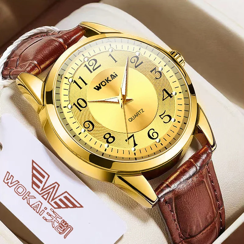 WOKAI high quality fashion casual yellow gold men\'s leather belt quartz watch men\'s business sports digital clock retro