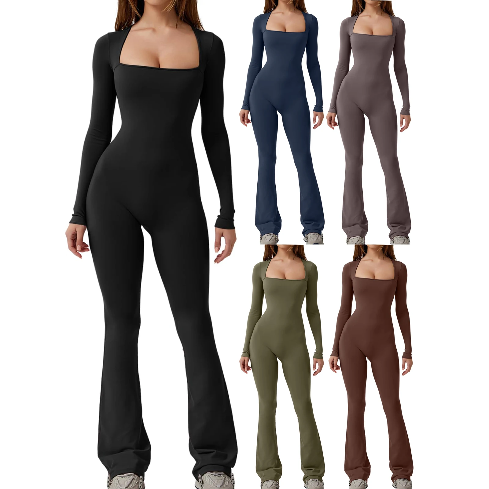 Combhasaki Women's Casual Basic Jumpsuit Long Sleeve Low Cut Square Neck Solid Color Slim Fit Ladies Fall Rompers Clubwear