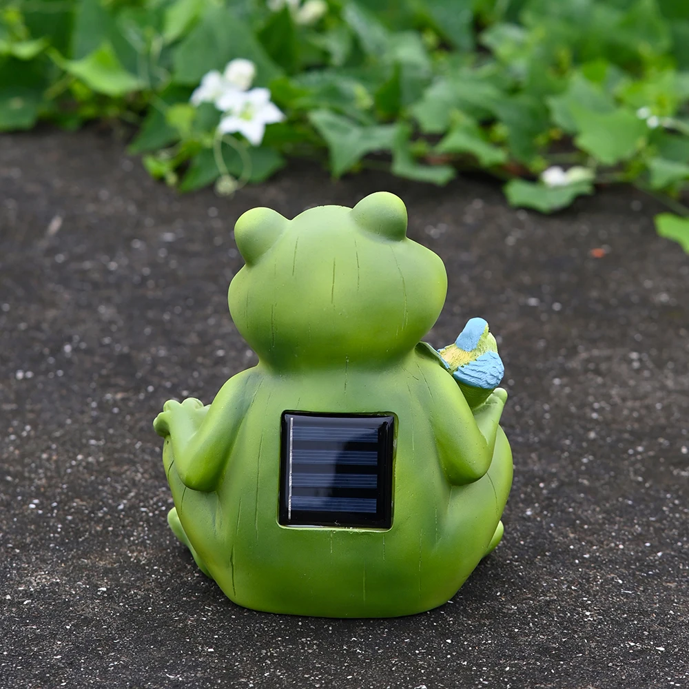 Charming Solar Powered Frog Ornament with Bird and LED Blooms for Garden Pathway Flower Bed or Deck Decor 19x16x11cm