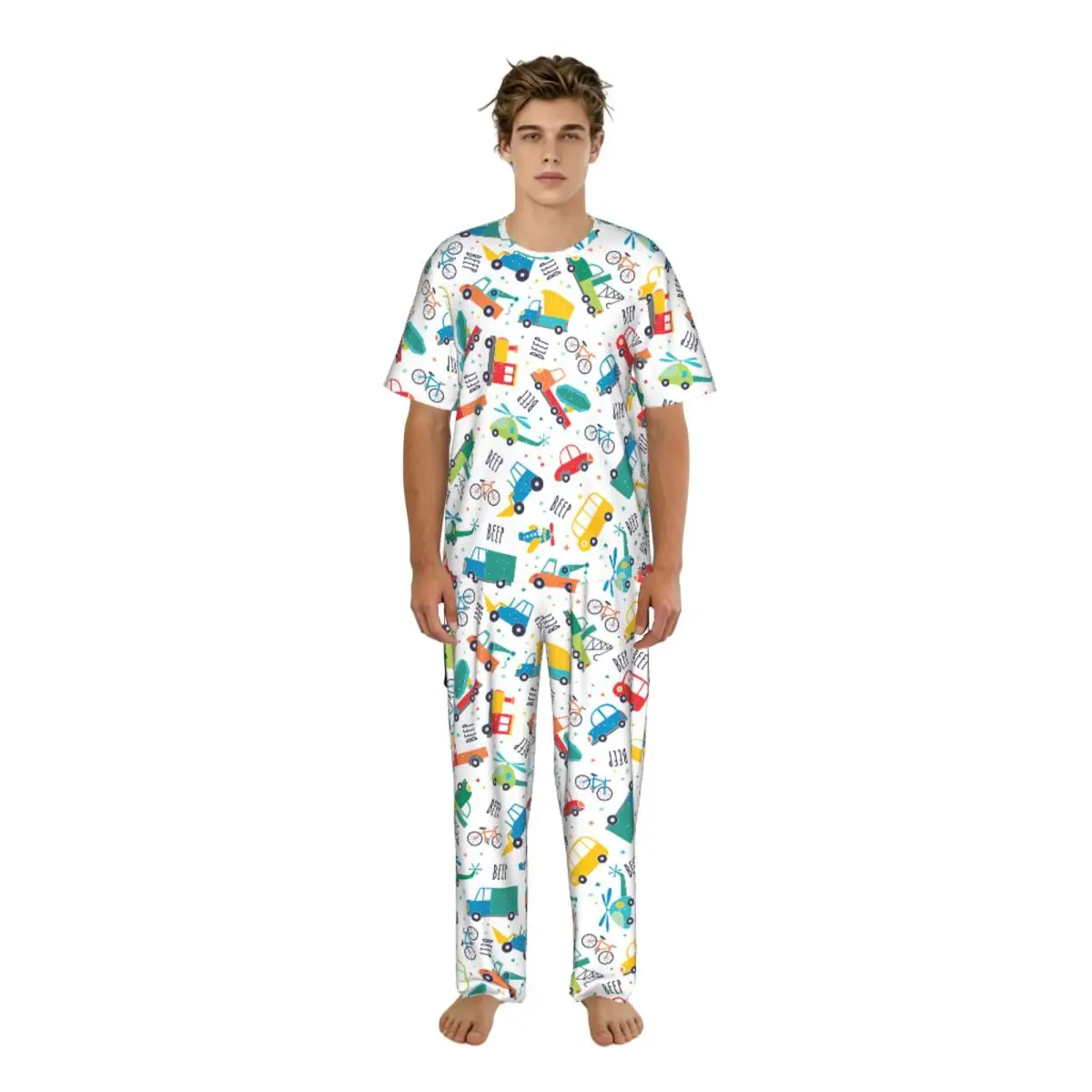

Men's Pajamas Set Summer Short-Sleeve Tops + Long Pants Nightwear Home Wear Suits Cute Transport Truck Sleepwear