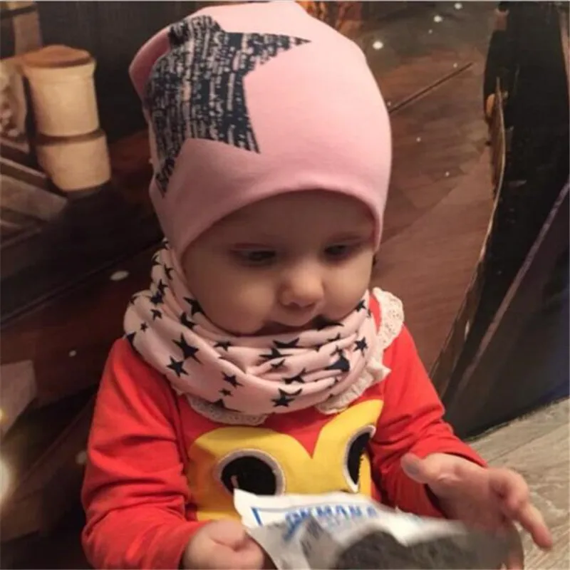 Spring Autumn 2PCS Baby Beanie Hat Scarf Stars Print Warm Toddler Hat Scarf for Girls and Boys Infant Hats Set Kids Skull Caps