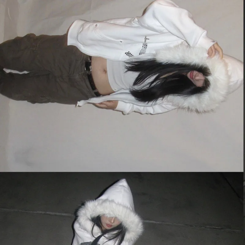 سترة بقلنسوة على طراز جديد لعام 2025 Harajuku Punk سترة بقلنسوة مرصعة بالألماس الساخن Y2k ملابس الخريف والشتاء #5