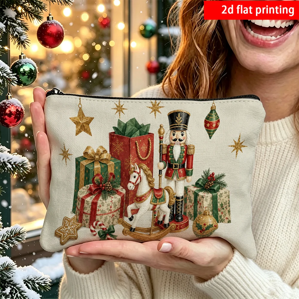 Xmas Nutcracker Rocking Horse Gift Box Ornament Star Corduroy Makeup Pouch Portable Travel Cosmetic Zipper Toiletry Storage Bag