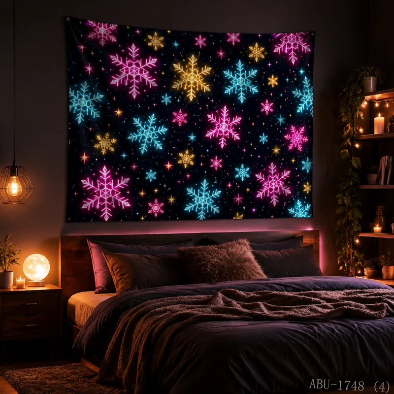 VIKAMA Neon Rainbow Snowflake Pattern Repeat Pink Blue Gold Black Star Minimalist Glow Christmas Tapestry Wall Hanging Bedroom