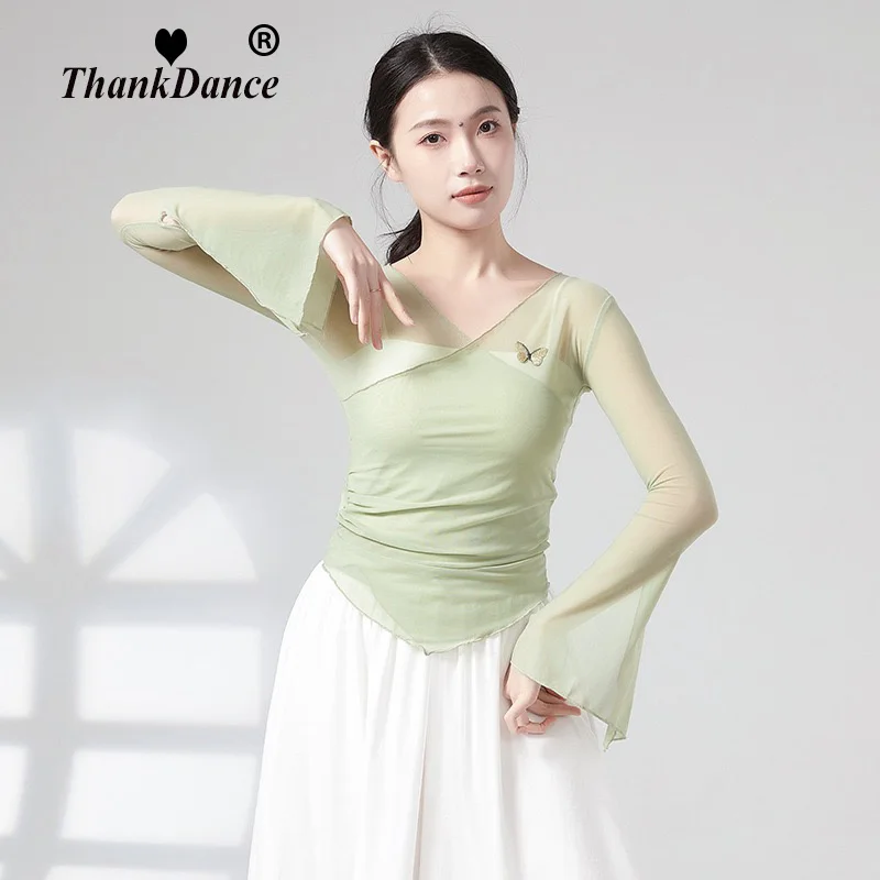 Classical Dance Gauze Mesh Top Long Horn Sleeve Shirt Flowy Body Rhyme Casual Blouse Cloth Performance Costume Dancewear Top New