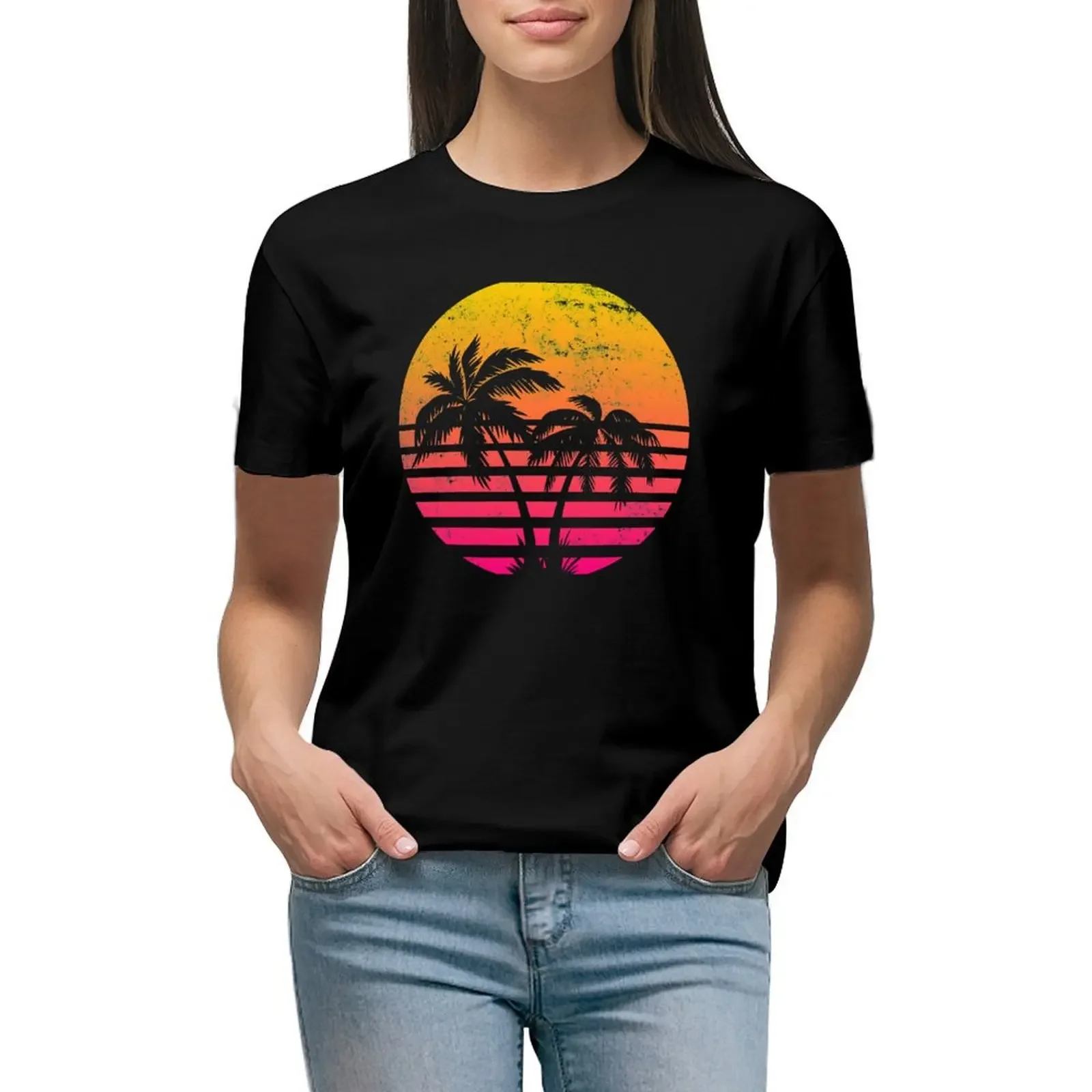 Retrowave Sunset With Palm Trees T-Shirt summer tops customs design your own lady clothes Woman fashion