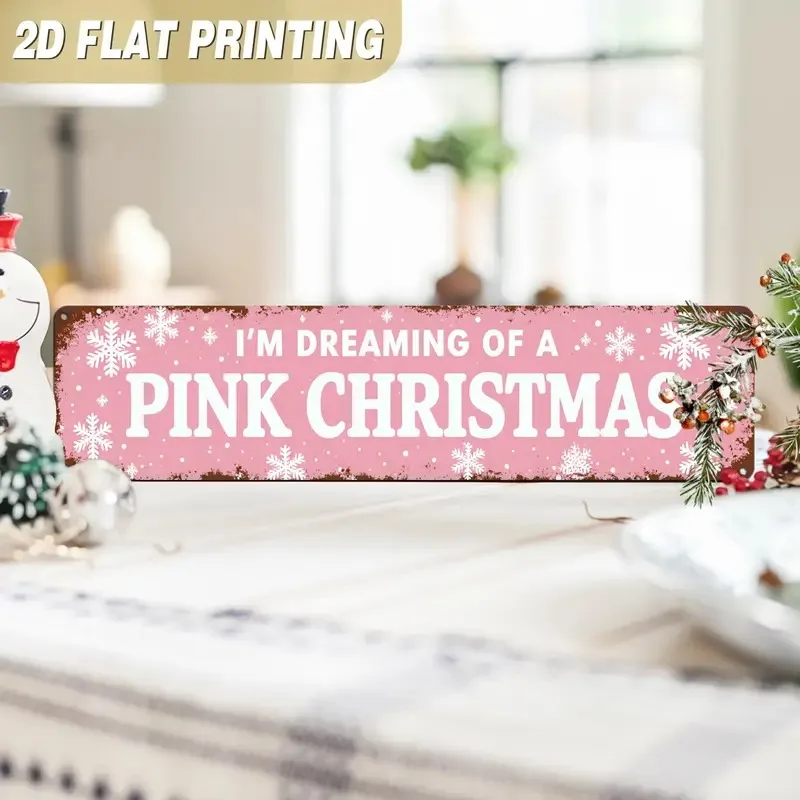 2D Flat Vintage Pink Christmas Metal Sign, 