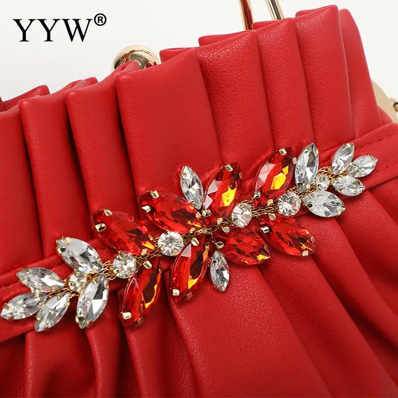 PU Leather Pleated Clutch Handbag Crystal Rhinestone Silk Tote Bag Top Handle Women's Diamond Wedding Party Bags Shoulder Purse