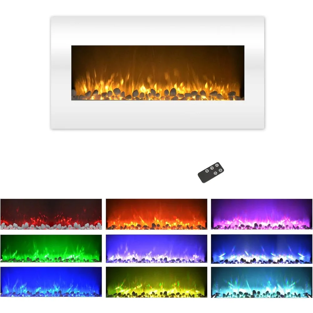 36-Inch Wall Mounted  Electric Fireplace - 10-Color LED Flame and 3 Media Backgrounds with Adjustable Brightness (White)