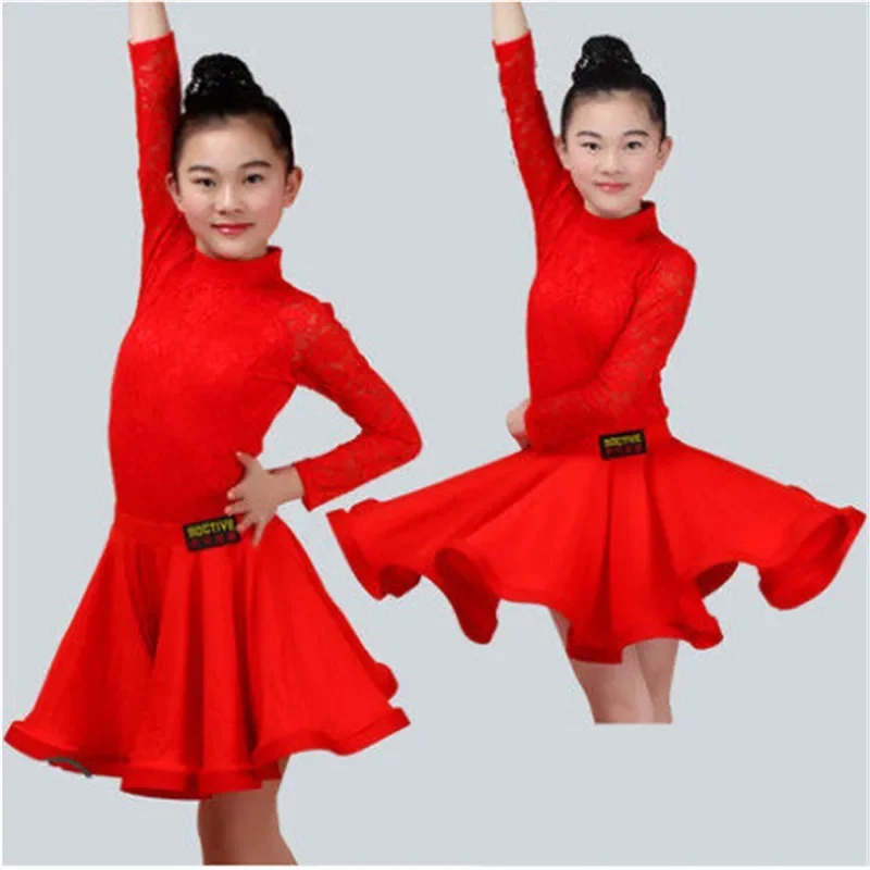 New Girls Latin Dance Skirt Ballroom Salsa Tango Skirts Kid Child Lace Latin Dance Split Dress With Leotard And Skirt