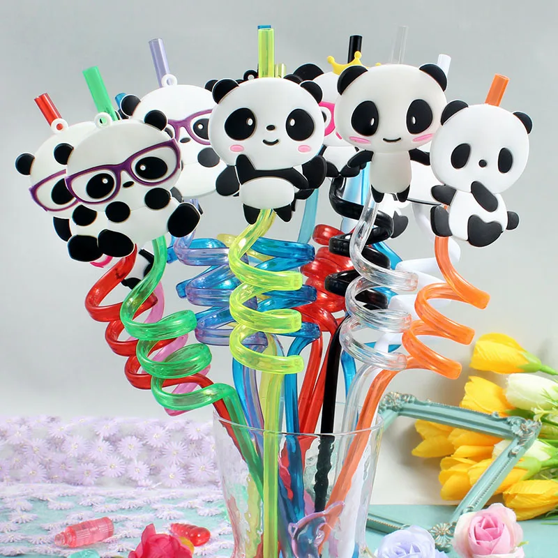 12pcs 26cm Reusable Plastic Spiral Straws in the Shape of China's National Treasure, theGiant Panda – Birthday Party Decorations