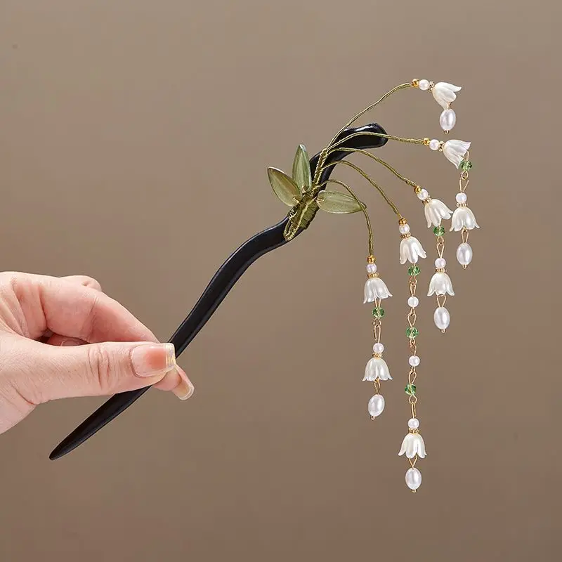Lily of The-Valley Flower Leaves Imitation Pearl Long Fringe Acrylic Hair Sticks for Women Vintage Hairpin Hair Accessories