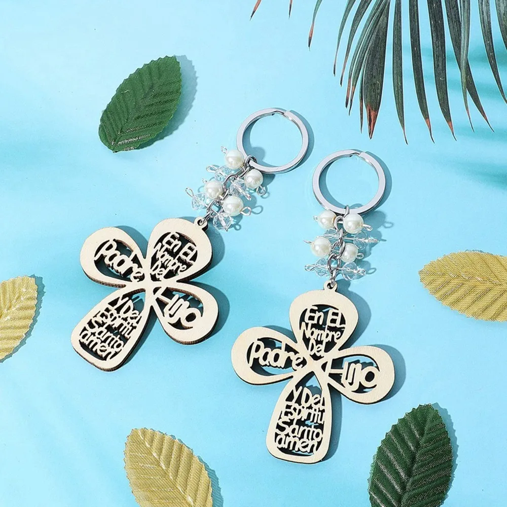 20Pcs Baptism Favor Keychain Cross Wooden Key Ring Christening Wood Design Key Ring with Bag for First Communion Rich