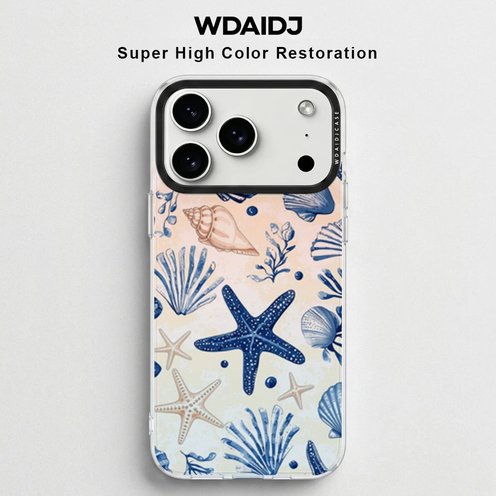 

Vintage Ocean Starfish Seashell Pattern Transparent Phone Case For iPhone 13 14 15 16 17 Anti Drop Slim Cover