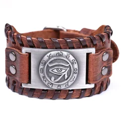 Vintage Leather Bracelet Wide Face Ancient Egyptian Horus Eye Metal Belt Men's Adjustable Woven Bangle Couple Party Jewelry