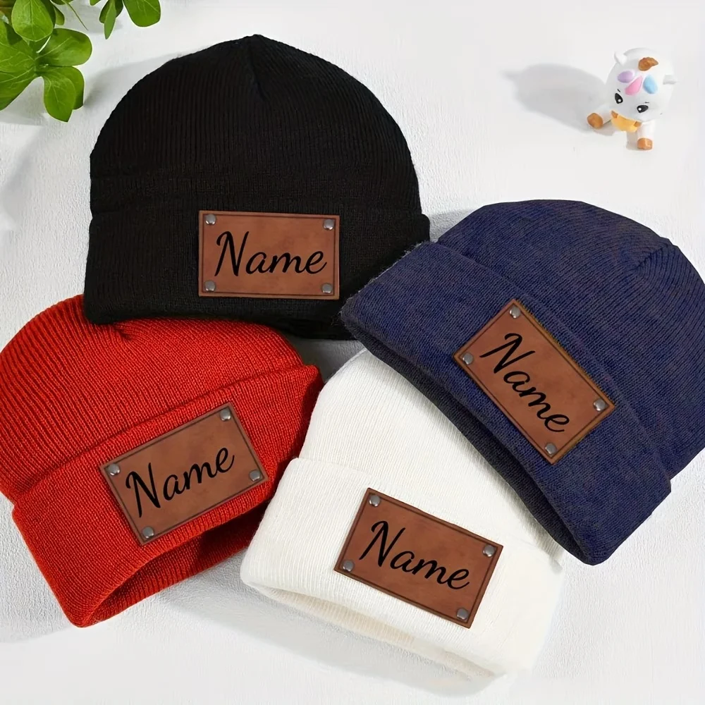 Custom Personalized Leather Patch Name Text Beanie Hat, Vintage Stretchy Close Fit Cap, Lightweight Warm Unisex Gift