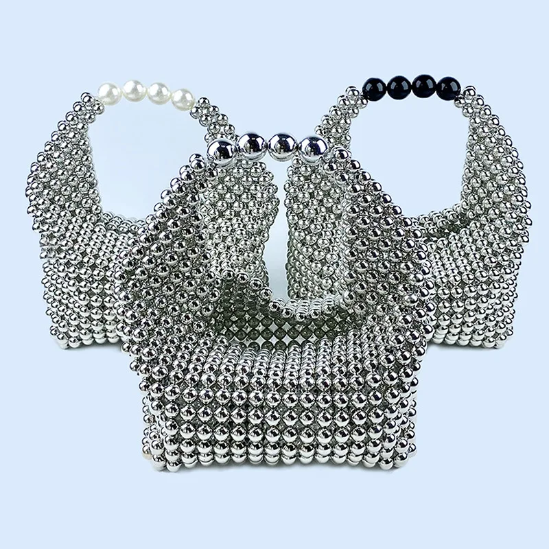 Luxury Design Handmade Silver Acrylic Beaded Handabg for Women Hand-woven Small Evening Bag Dinner Party Clutch Purse 2024 New